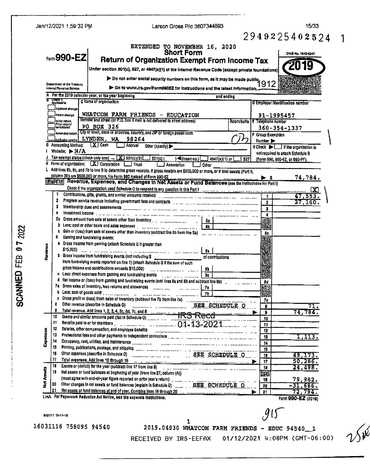 Image of first page of 2019 Form 990EZ for Whatcom Family Farmers Education