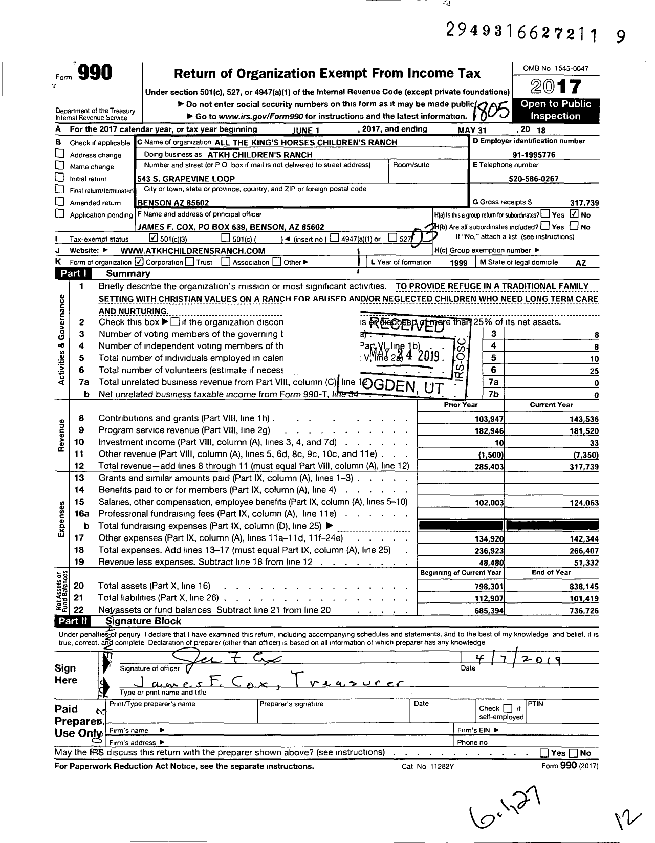 Image of first page of 2017 Form 990 for All the Kings Horses Childrens Ranch