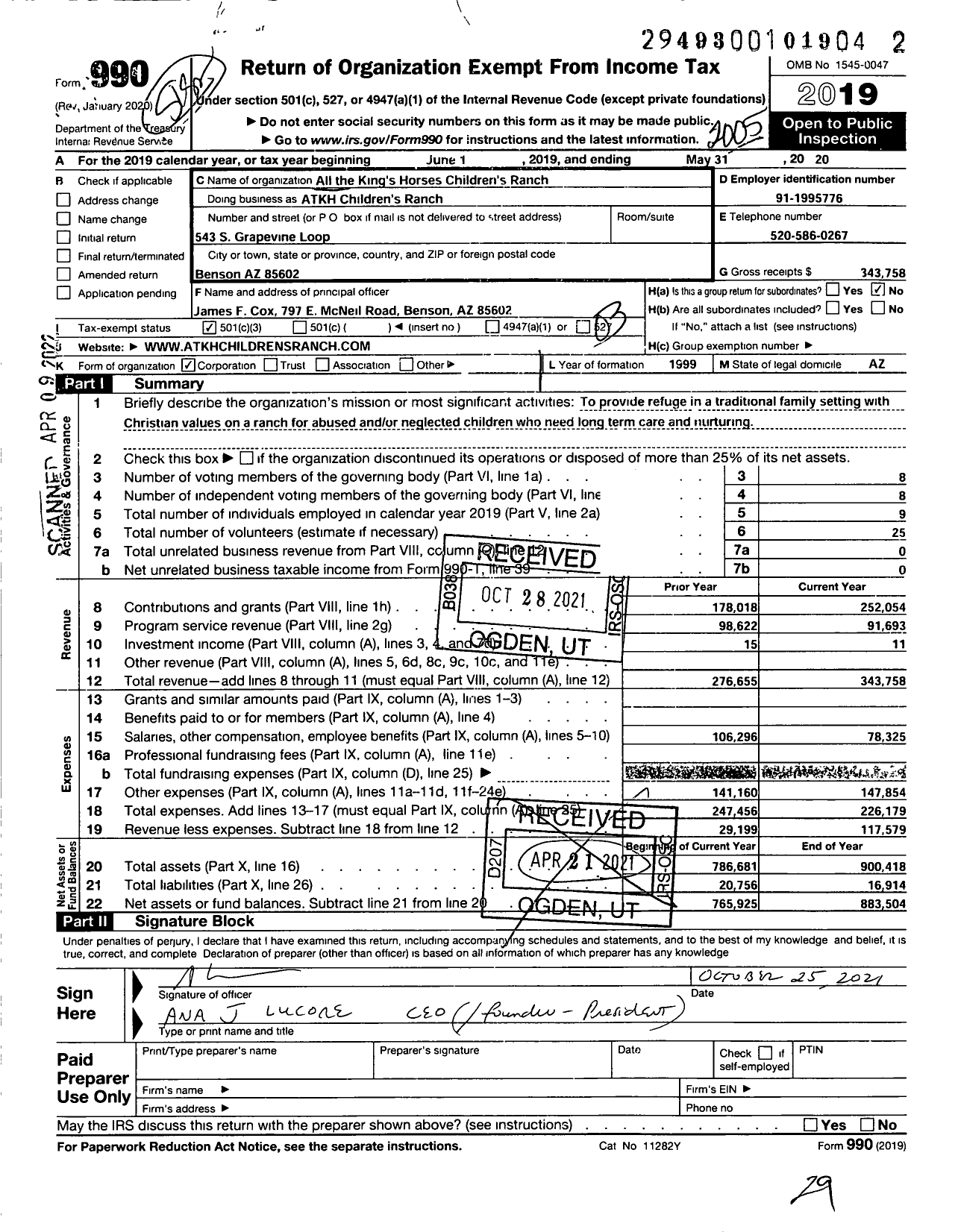 Image of first page of 2019 Form 990 for All the Kings Horses Childrens Ranch