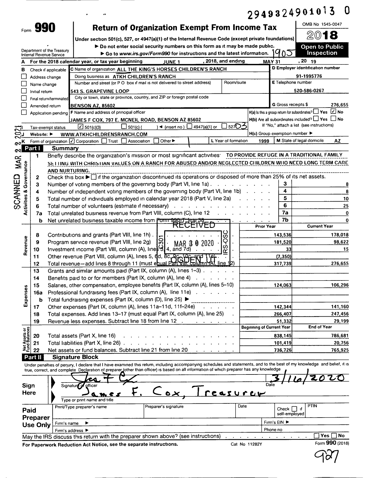 Image of first page of 2018 Form 990 for All the Kings Horses Childrens Ranch