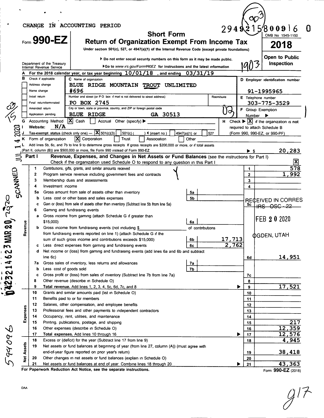 Image of first page of 2018 Form 990EZ for Trout Unlimited - 696 Blue Ridge MTN