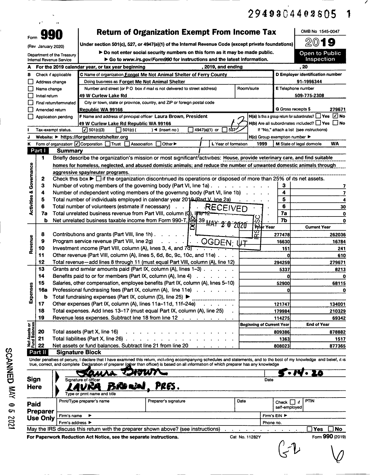 Image of first page of 2019 Form 990 for Forget Me Not Animal Shelter