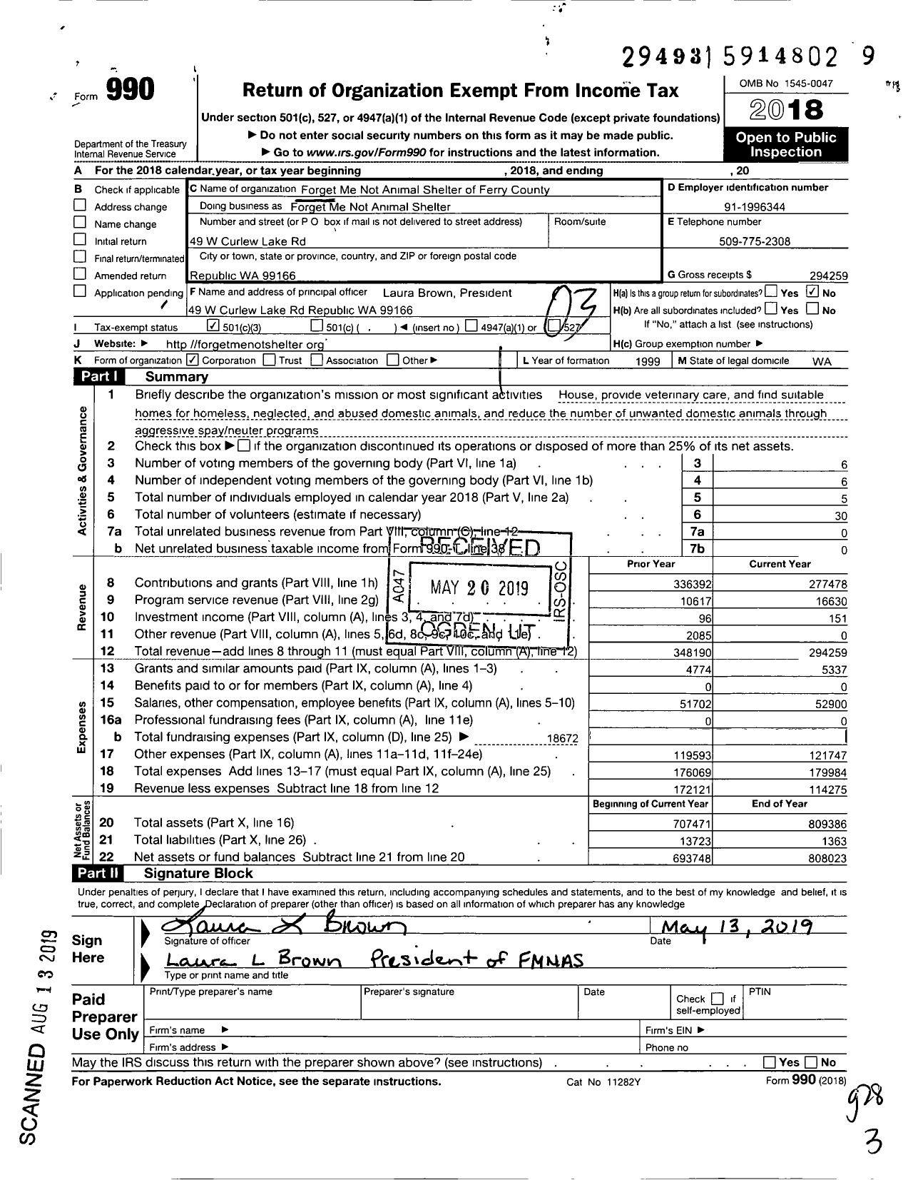 Image of first page of 2018 Form 990 for Forget Me Not Animal Shelter