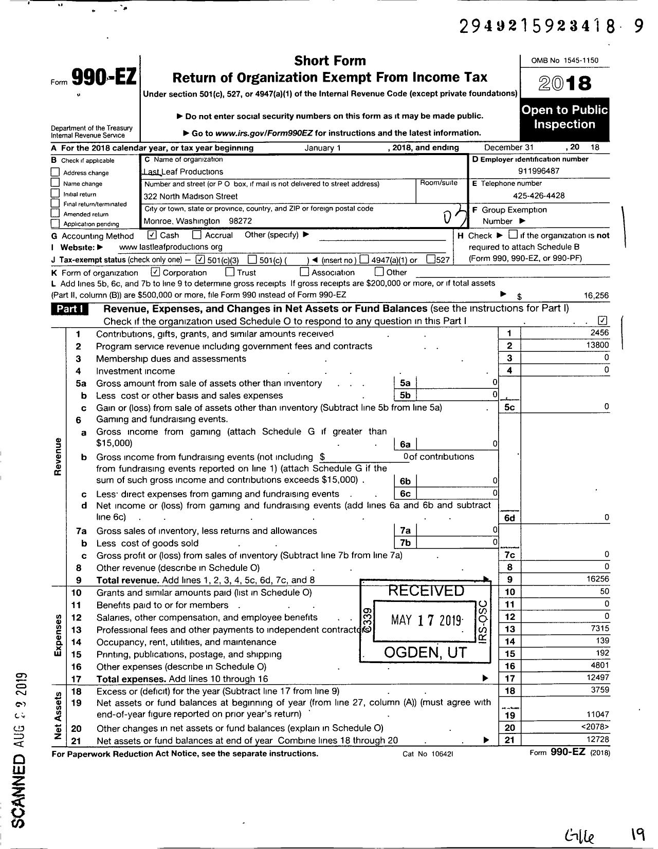 Image of first page of 2018 Form 990EZ for Last Leaf Productions