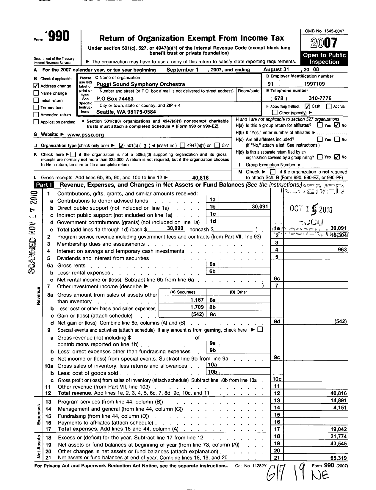Image of first page of 2007 Form 990 for Puget Sound Symphony Orchestra