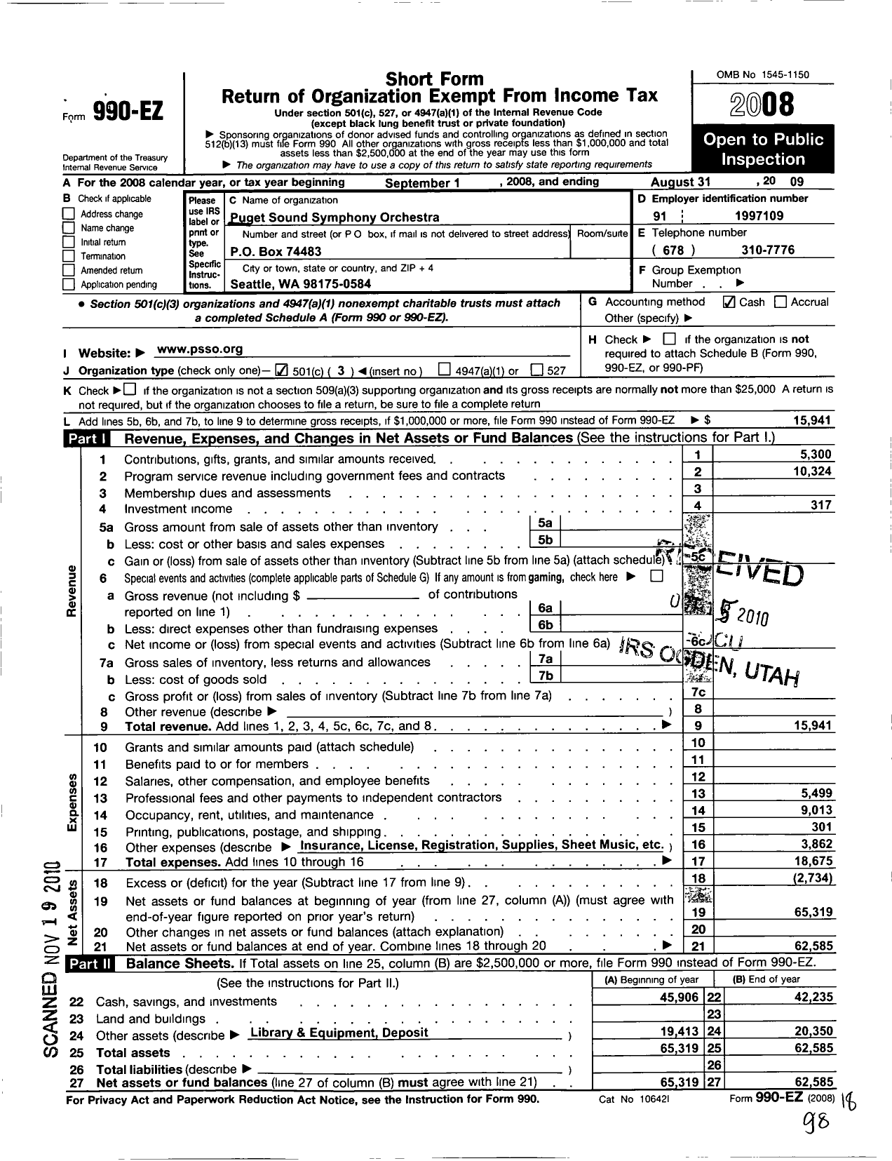 Image of first page of 2008 Form 990EZ for Puget Sound Symphony Orchestra