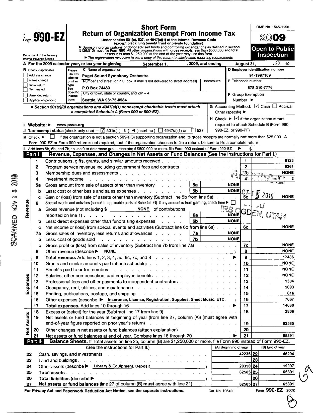 Image of first page of 2009 Form 990EZ for Puget Sound Symphony Orchestra