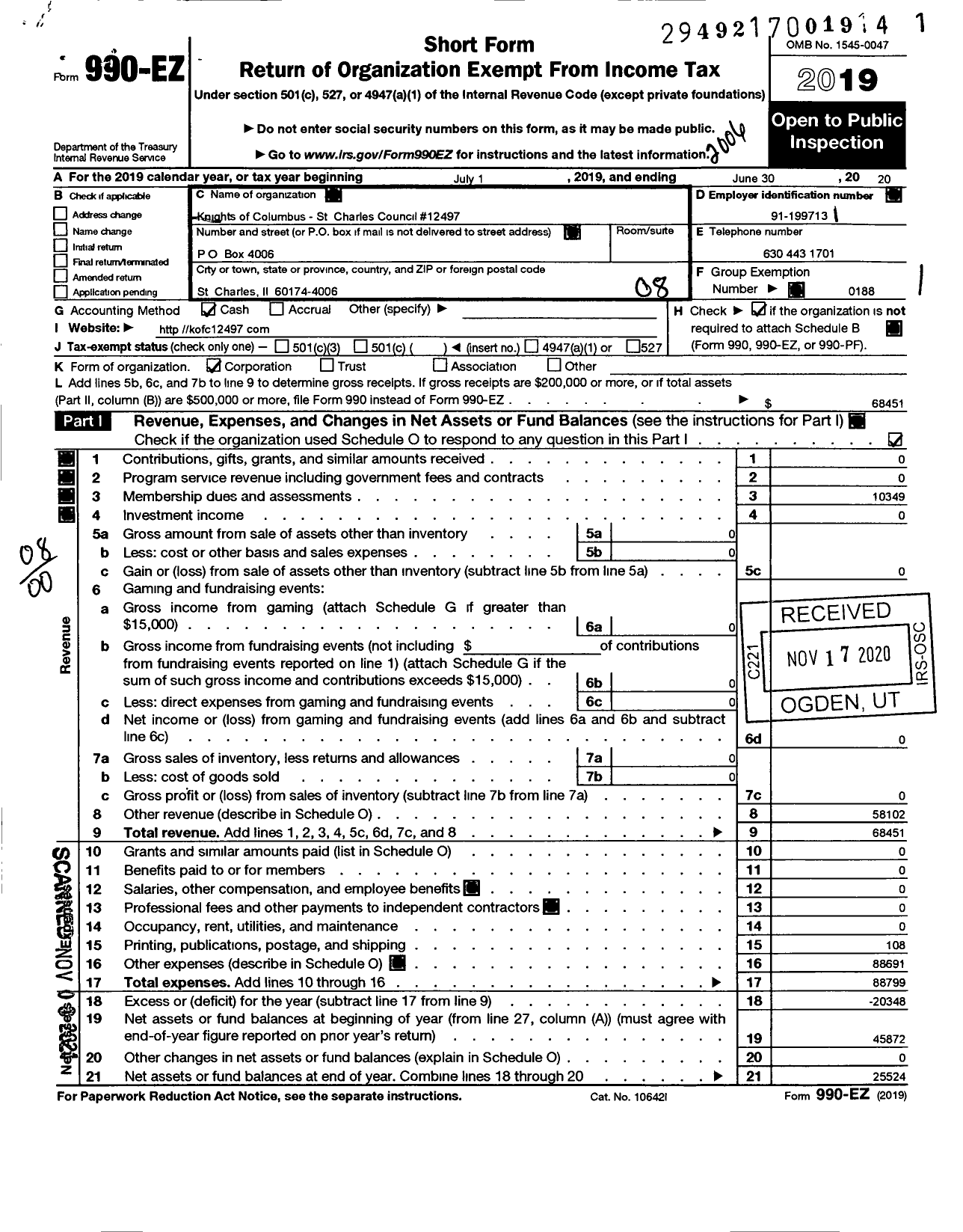 Image of first page of 2019 Form 990EO for Knights of Columbus - 12497 St Charles