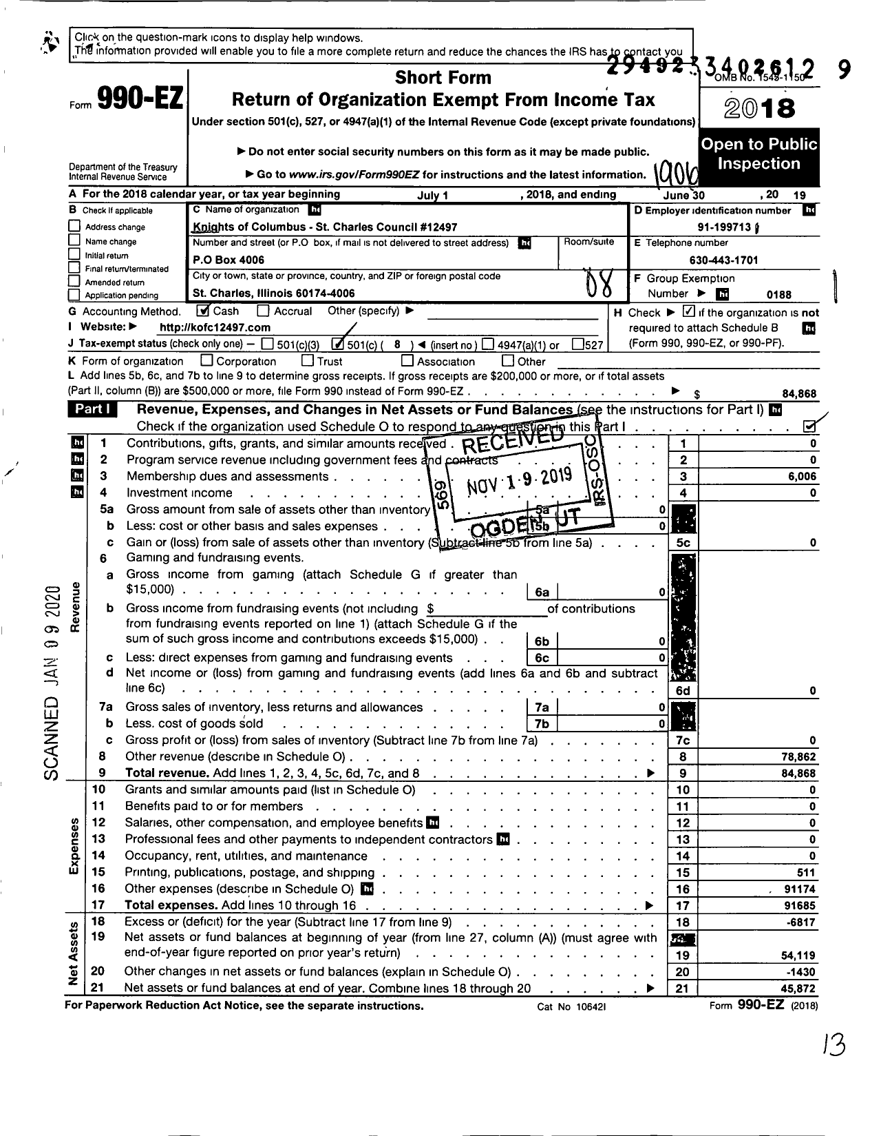 Image of first page of 2018 Form 990EO for Knights of Columbus - 12497 St Charles