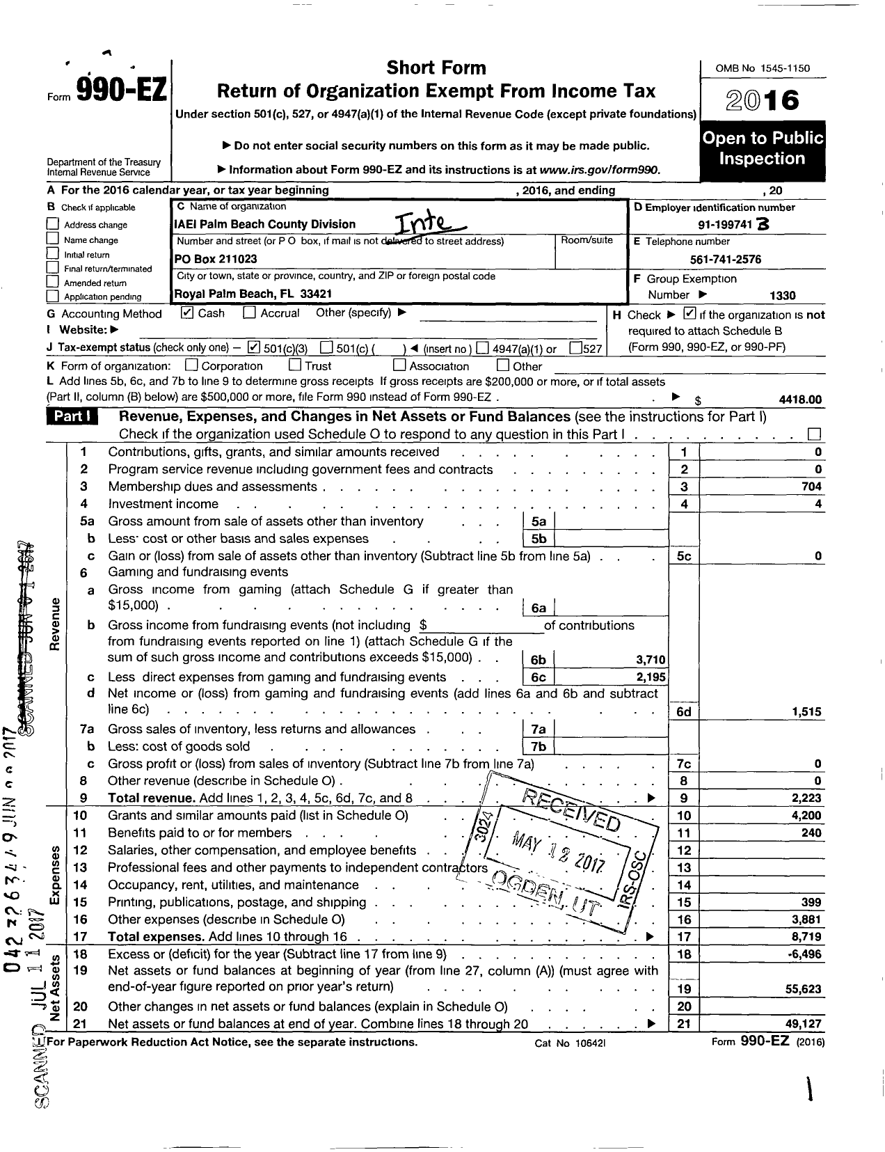 Image of first page of 2016 Form 990EZ for International Association of Electrical Inspectors / Iaei Palm Beach County Division