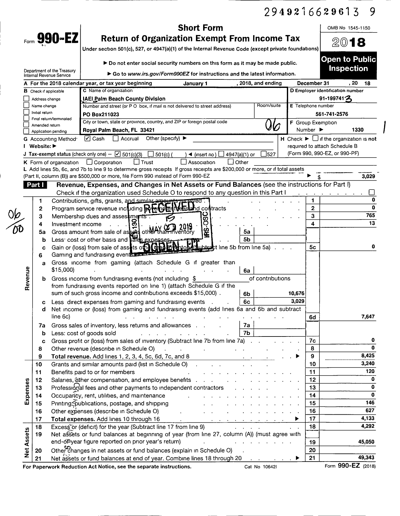 Image of first page of 2018 Form 990EO for International Association of Electrical Inspectors / Iaei Palm Beach County Division