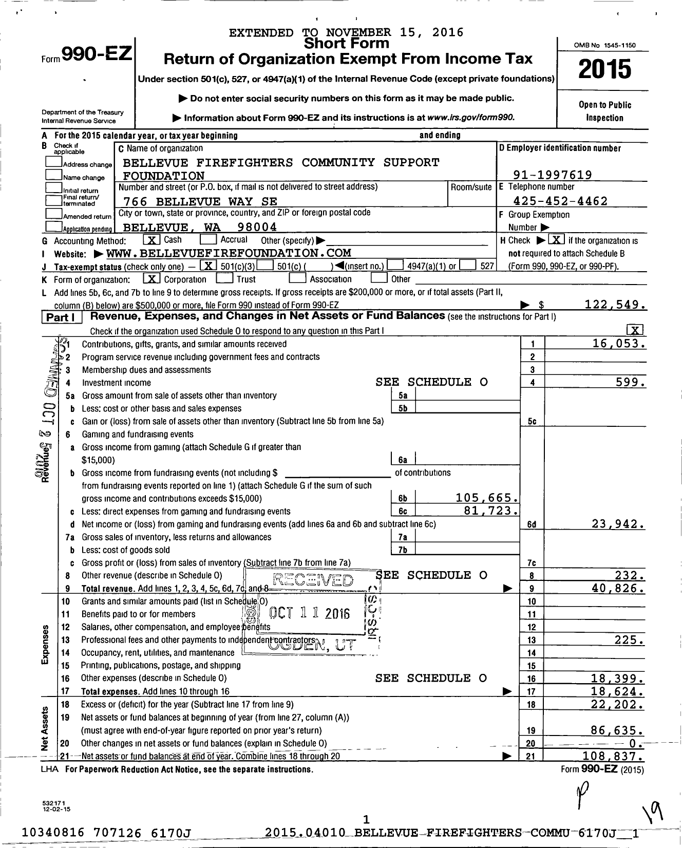 Image of first page of 2015 Form 990EZ for Bellevue Firefighters Community Support Foundation