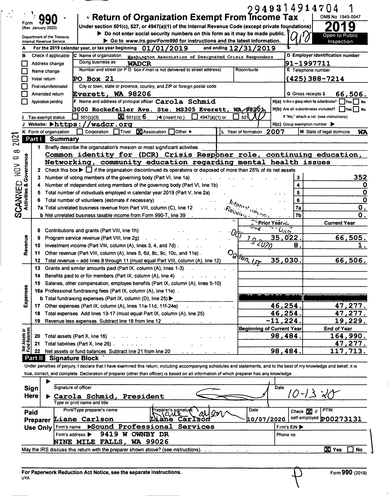 Image of first page of 2019 Form 990O for Washington Association of Designated Crisis Responders (WADCR)