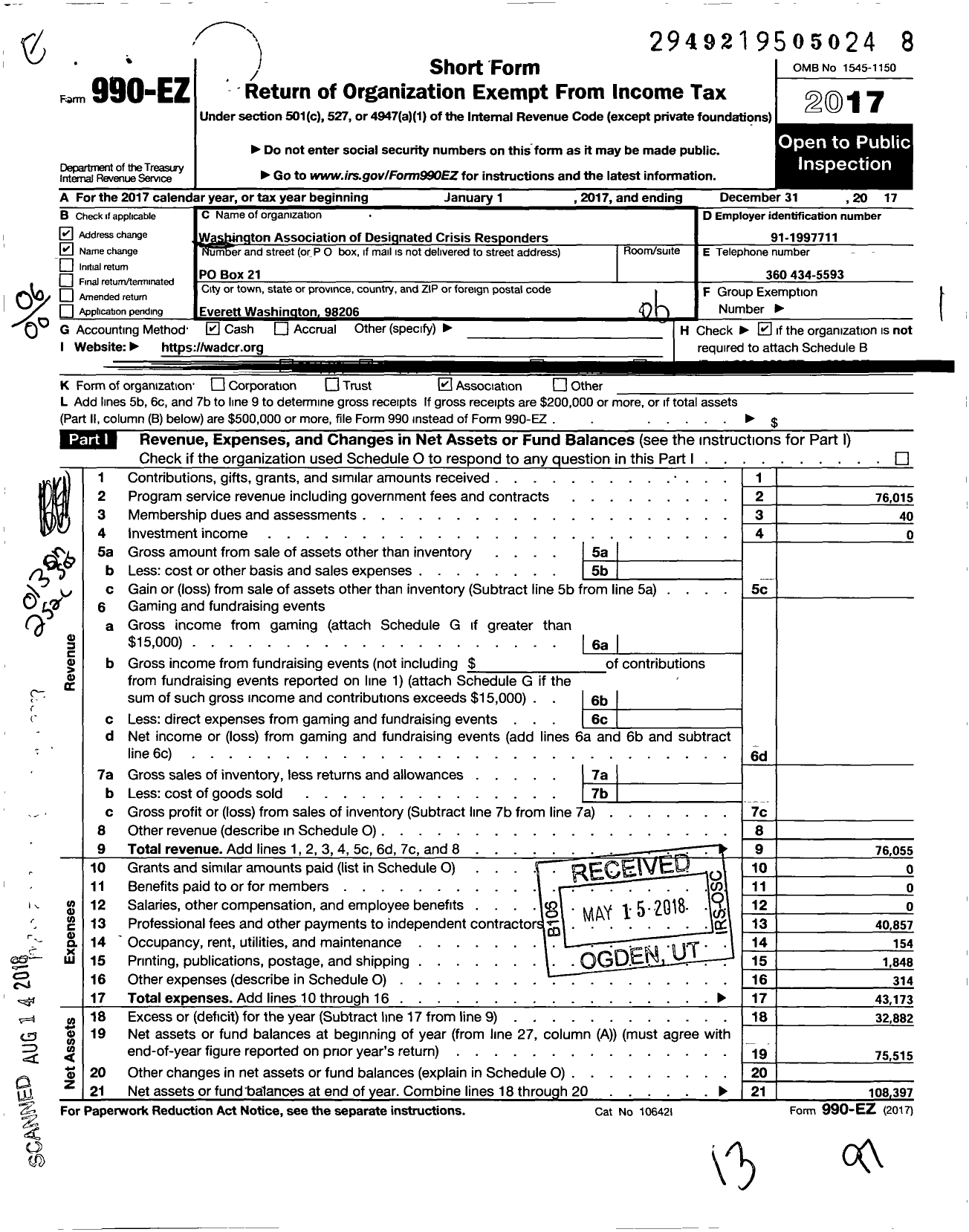 Image of first page of 2017 Form 990EO for Washington Association of Designated Crisis Responders (WADCR)