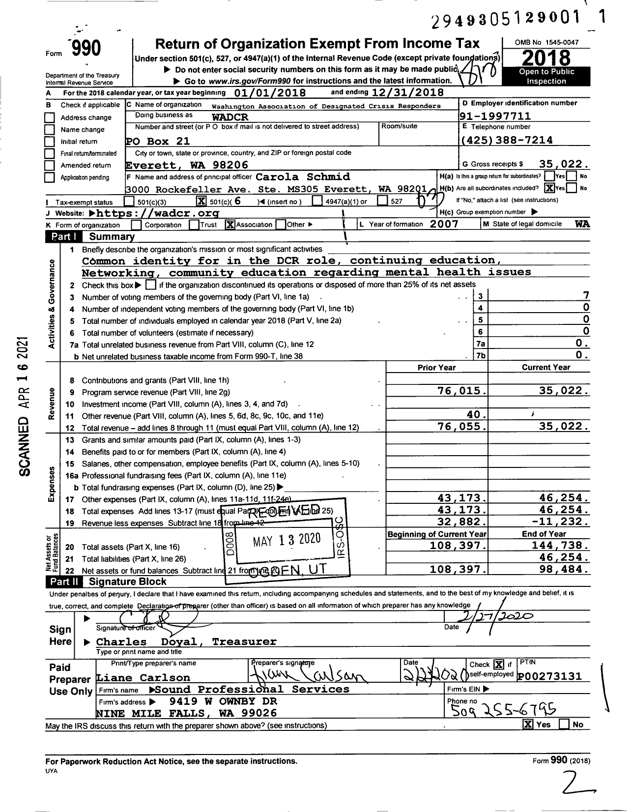 Image of first page of 2018 Form 990 for Washington Association of Designated Crisis Responders (WADCR)