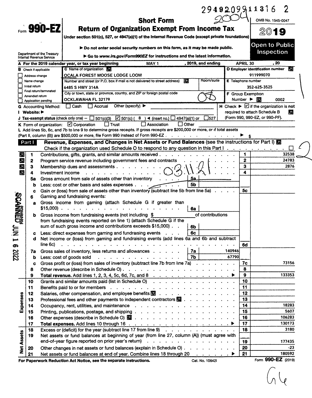 Image of first page of 2019 Form 990EO for Loyal Order of Moose - 2535