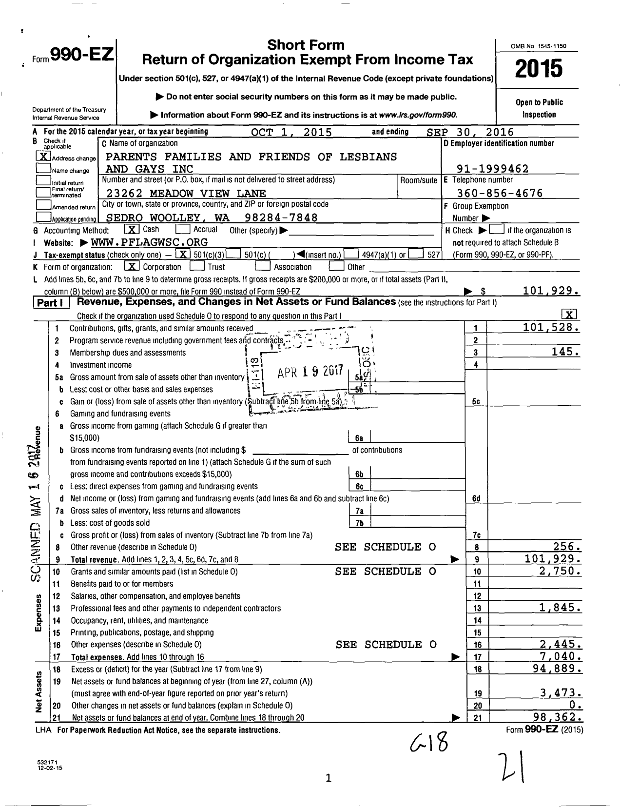 Image of first page of 2015 Form 990EZ for Parents Families and Friends of Lesbians and Gays / Pflag Wa State Council