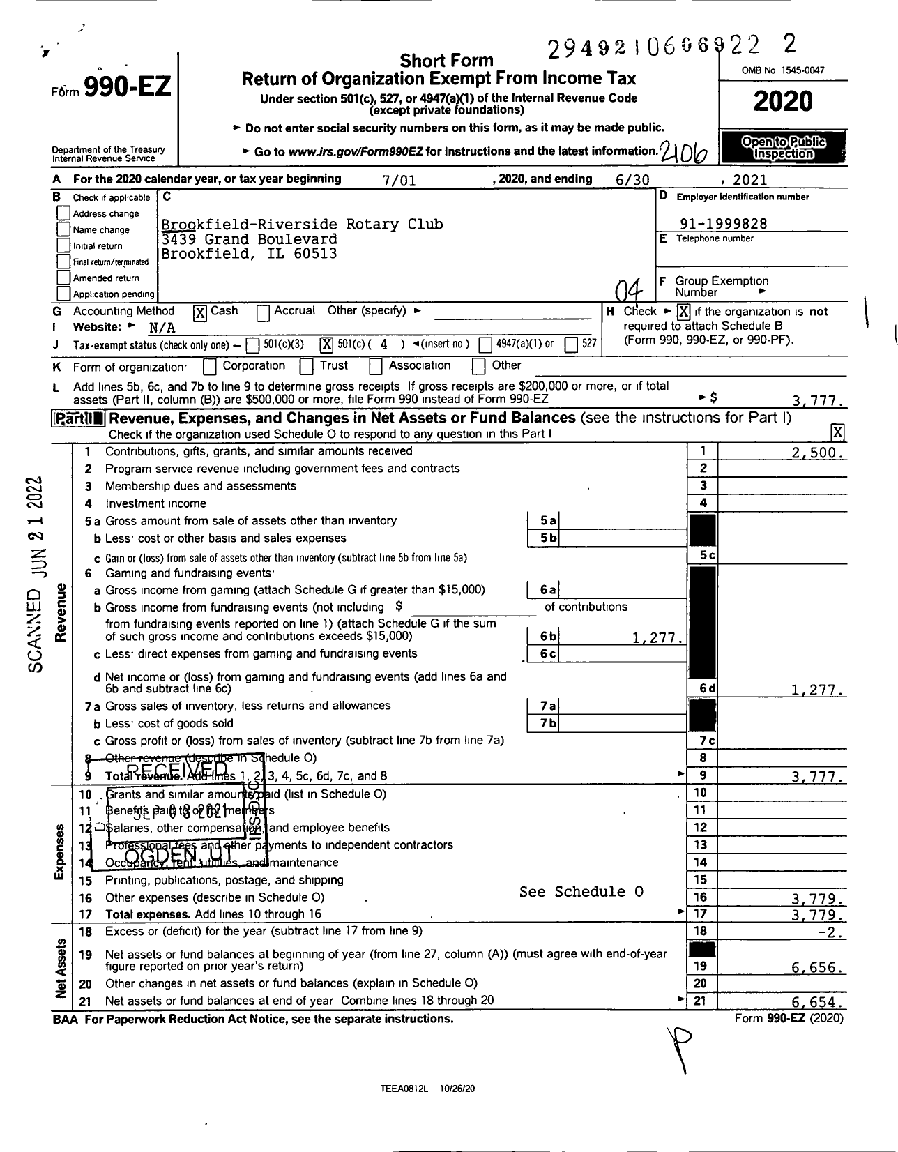 Image of first page of 2020 Form 990EO for Rotary International - Brookfield-Riverside Rotary Club