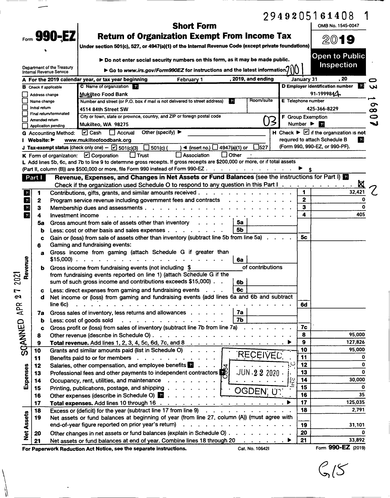 Image of first page of 2019 Form 990EZ for Mukilteo Food Bank