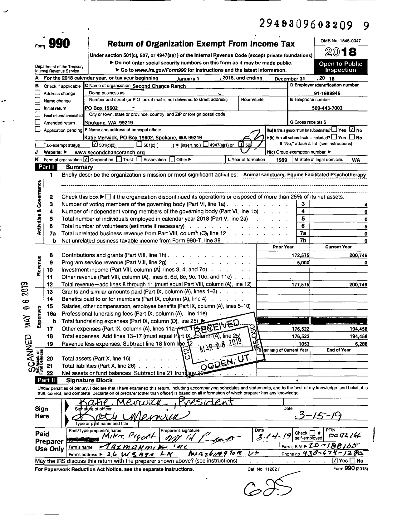 Image of first page of 2018 Form 990 for Second Chance Ranch (SCR)