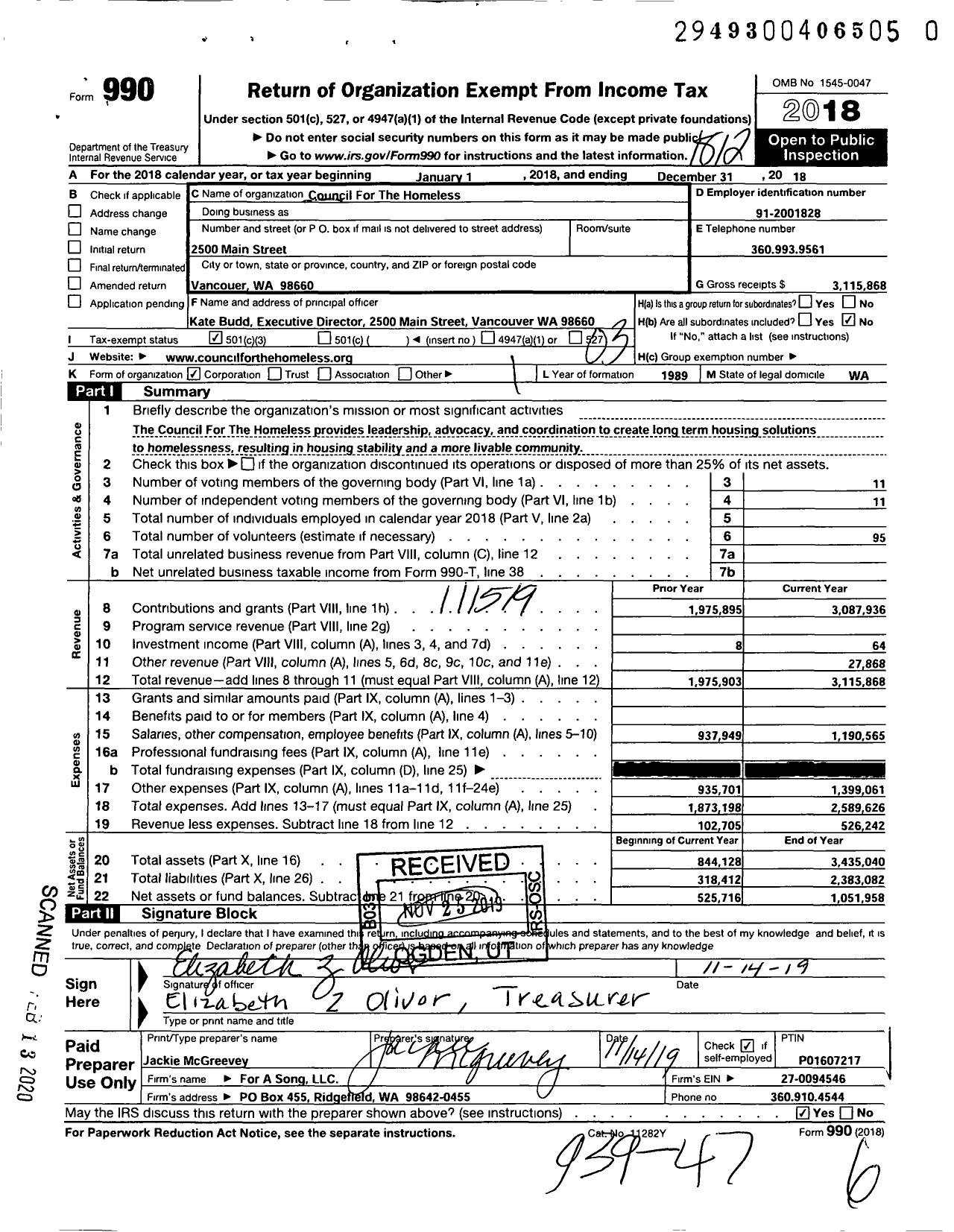 Image of first page of 2018 Form 990 for Council for the Homeless