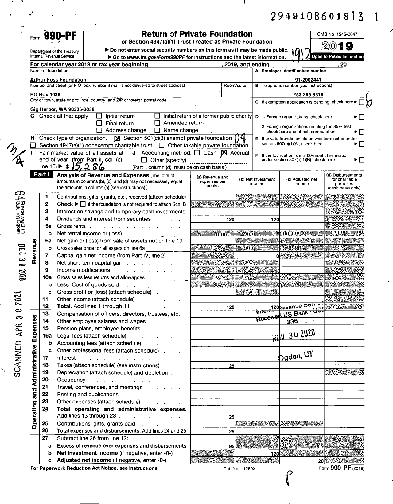 Image of first page of 2019 Form 990PF for Arthur L Foss Foundation