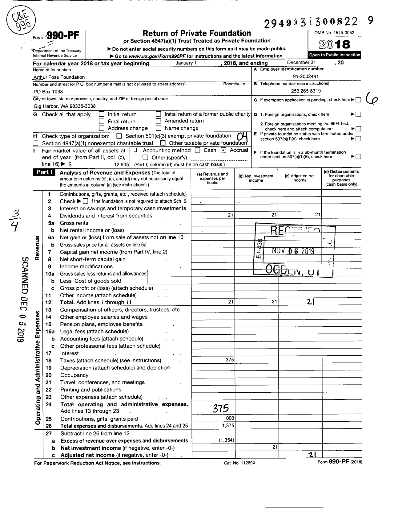 Image of first page of 2018 Form 990PF for Arthur L Foss Foundation