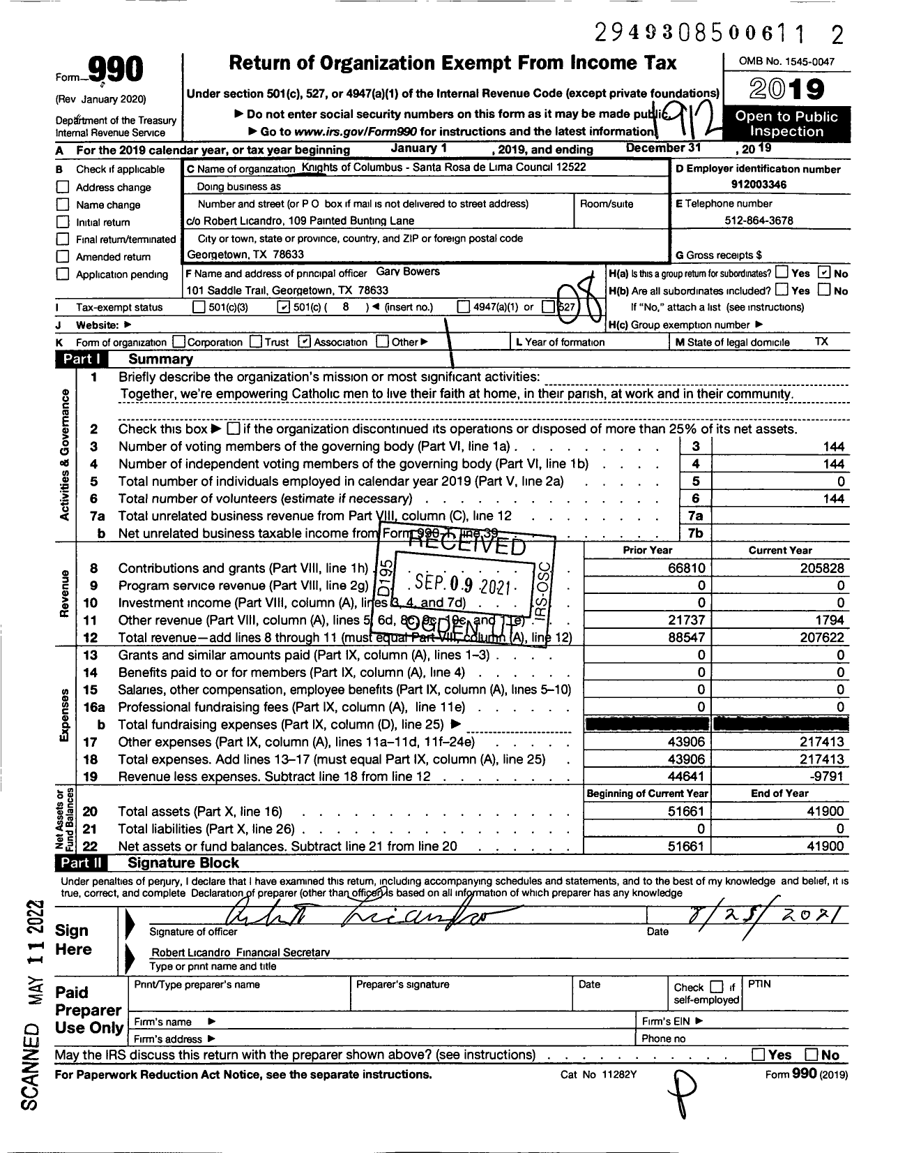 Image of first page of 2019 Form 990O for KNIGHTS OF COLUMBUS - 12522 Santa Rosa De Lima Council