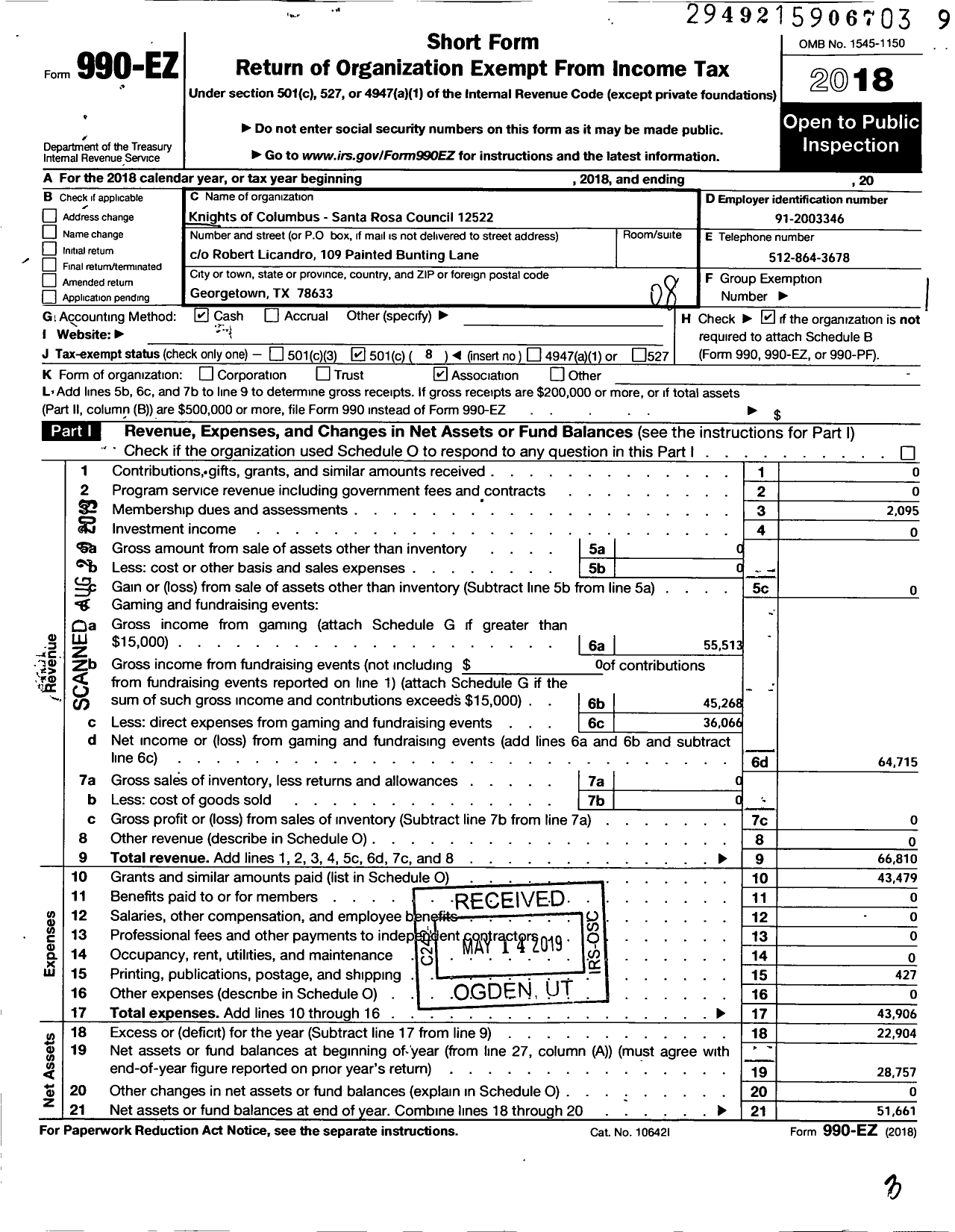 Image of first page of 2018 Form 990EO for KNIGHTS OF COLUMBUS - 12522 Santa Rosa De Lima Council