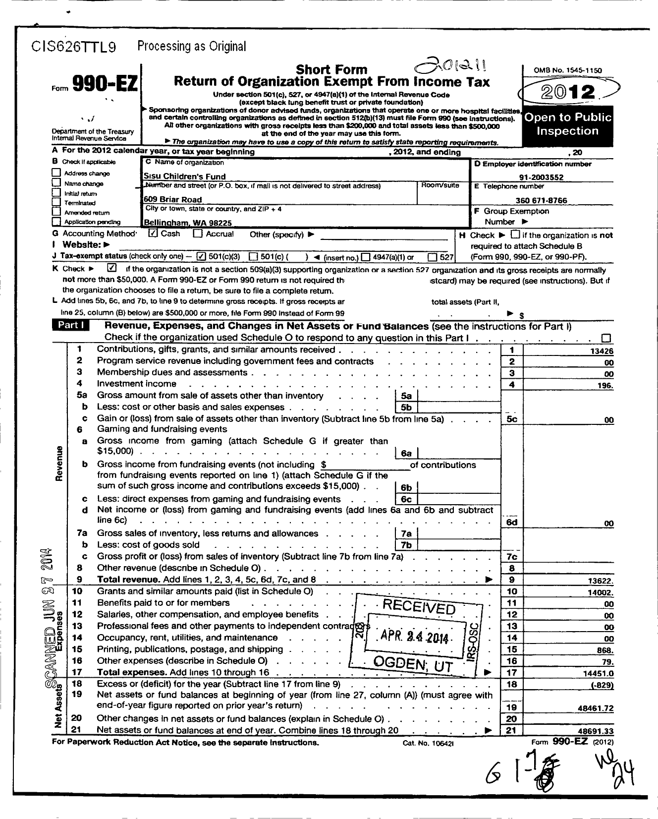 Image of first page of 2011 Form 990EZ for Sisu Childrens Fund