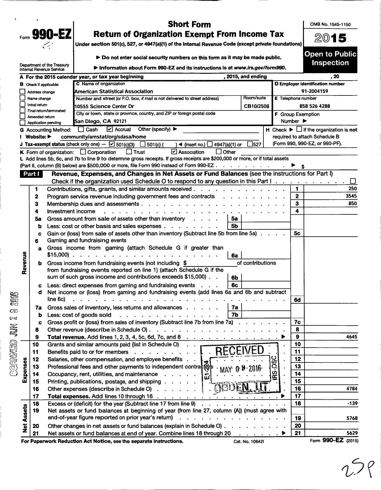 Image of first page of 2015 Form 990EZ for American Statistical Association / San Diego Chapter