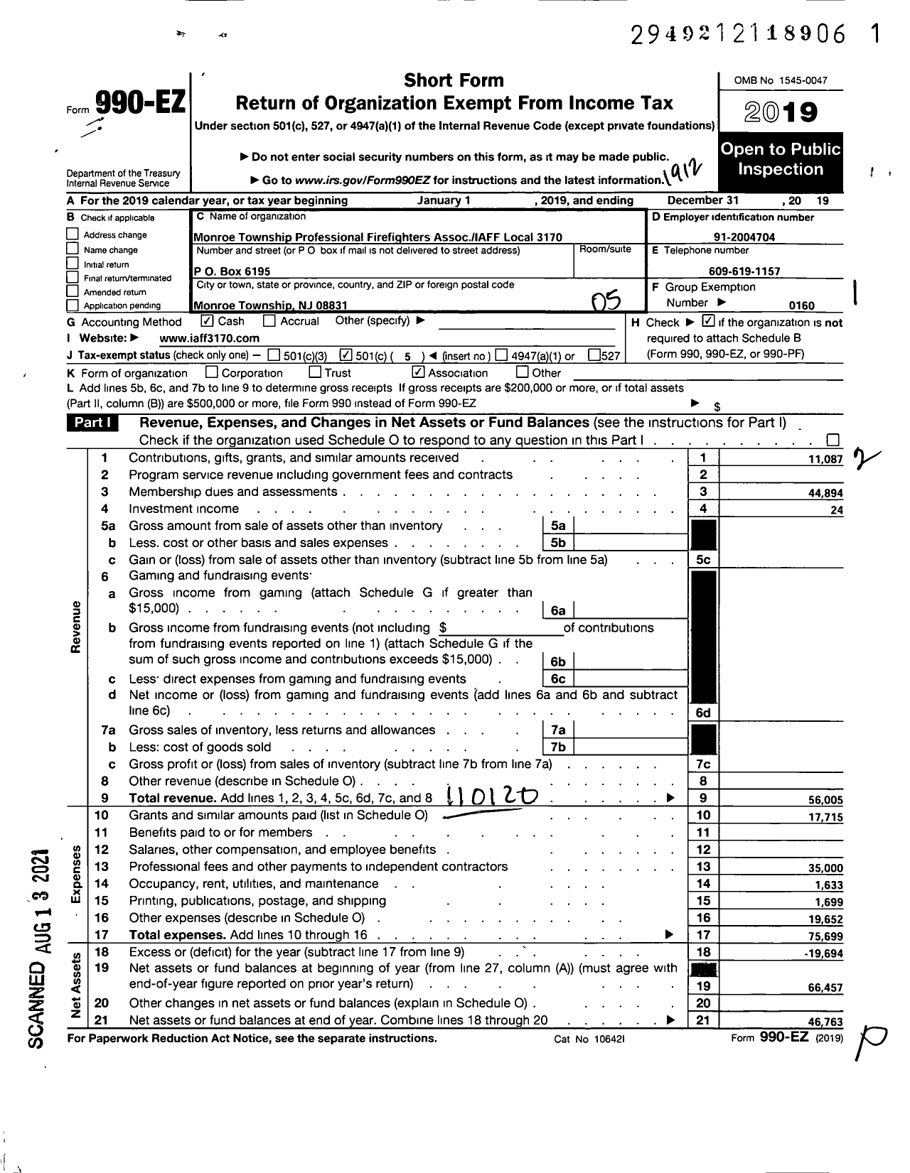 Image of first page of 2019 Form 990EO for International Association of Fire Fighters - L3170 Monroe Township