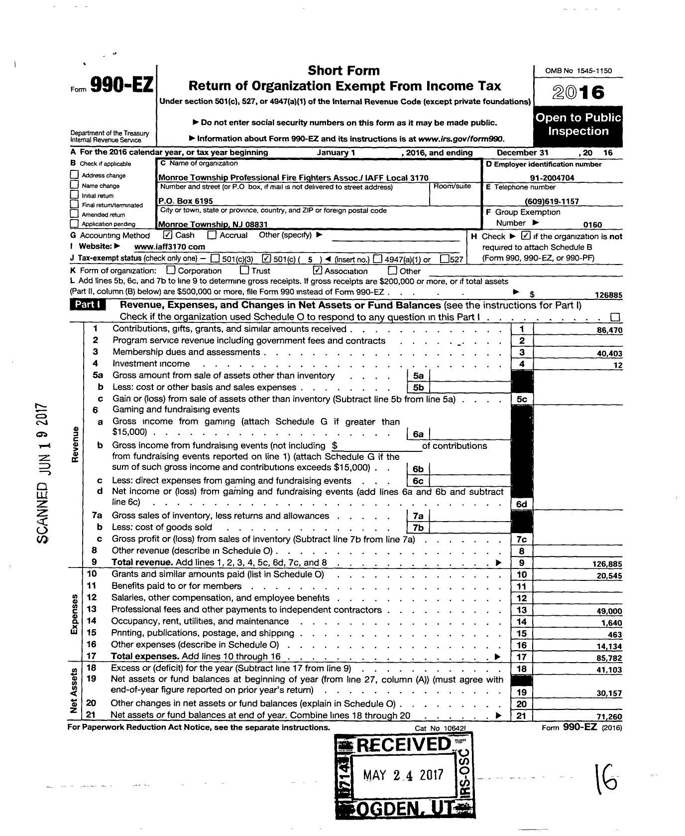 Image of first page of 2016 Form 990EO for International Association of Fire Fighters - L3170 Monroe Township