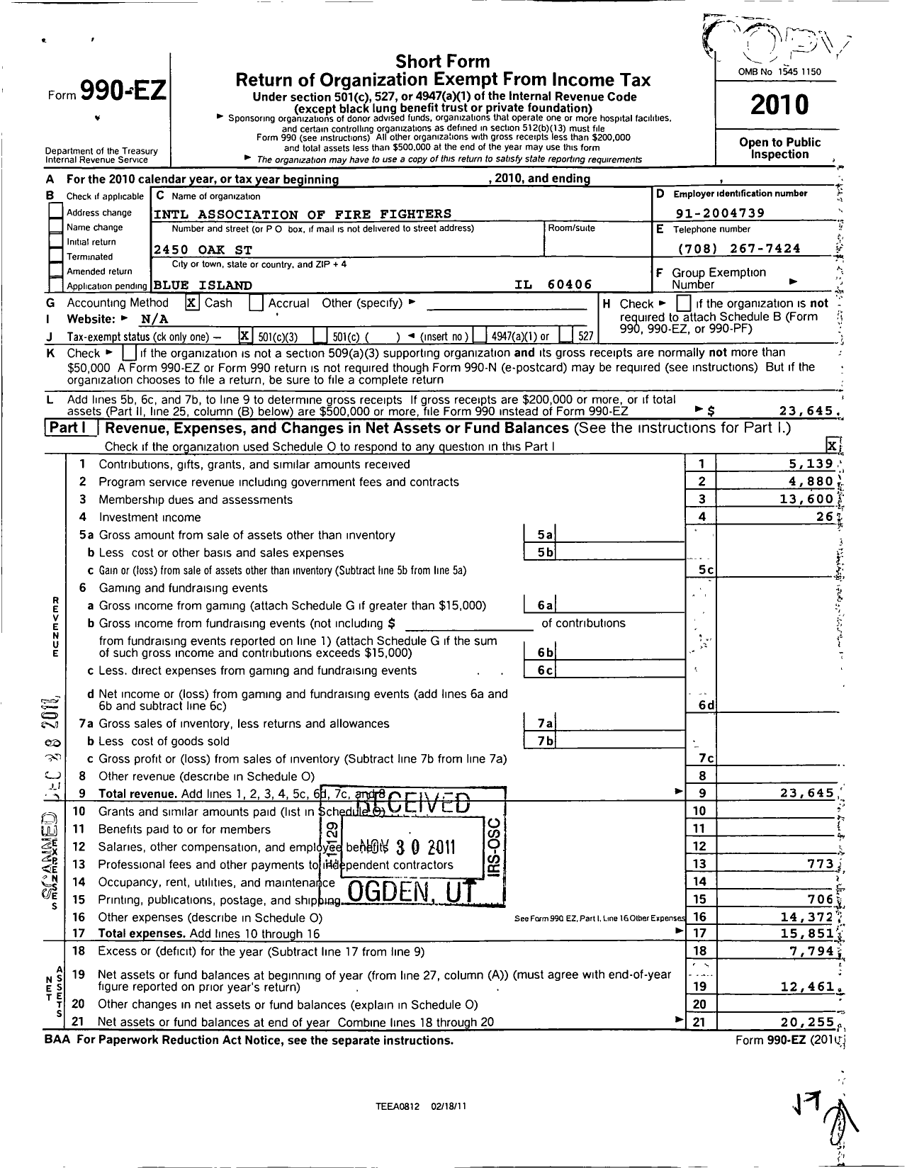 Image of first page of 2010 Form 990EZ for International Association of Fire Fighters - L3547 Blue Island