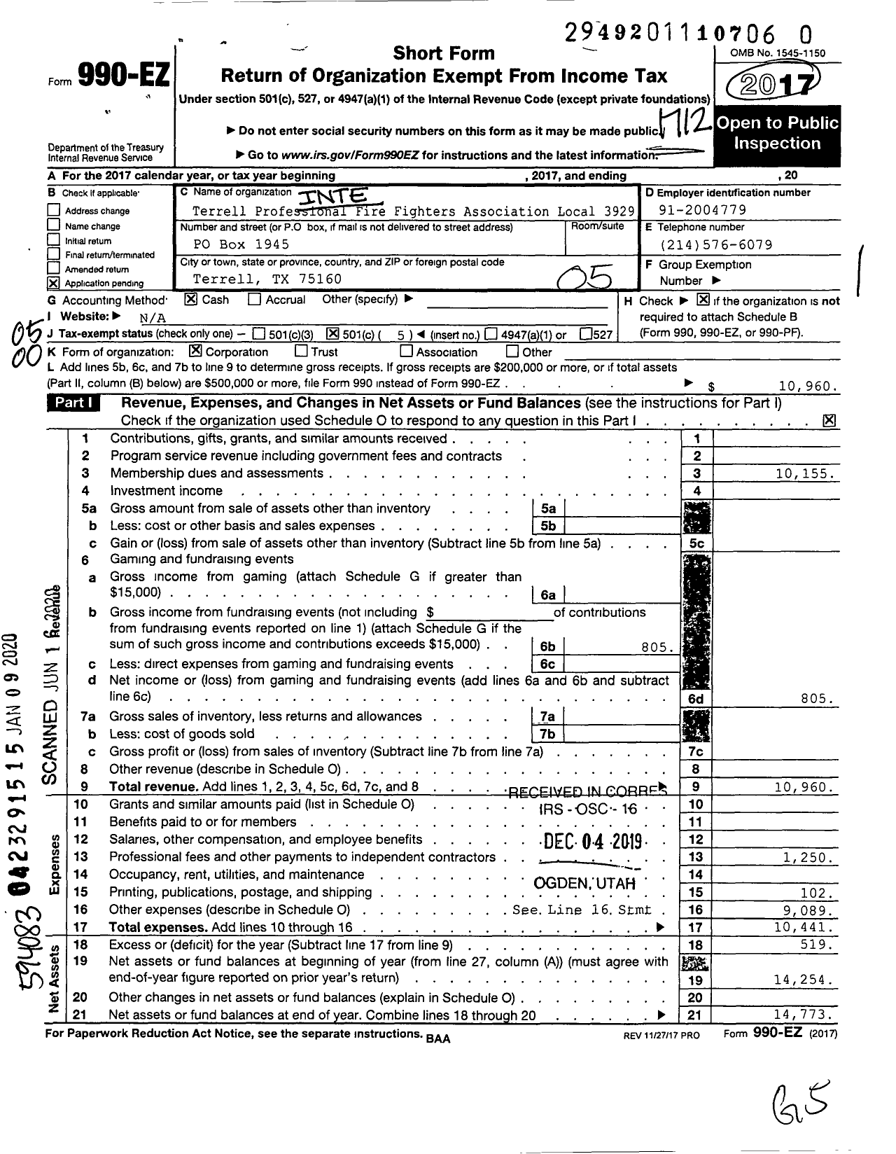 Image of first page of 2017 Form 990EO for International Association of Fire Fighters L3929 Terrell Fire