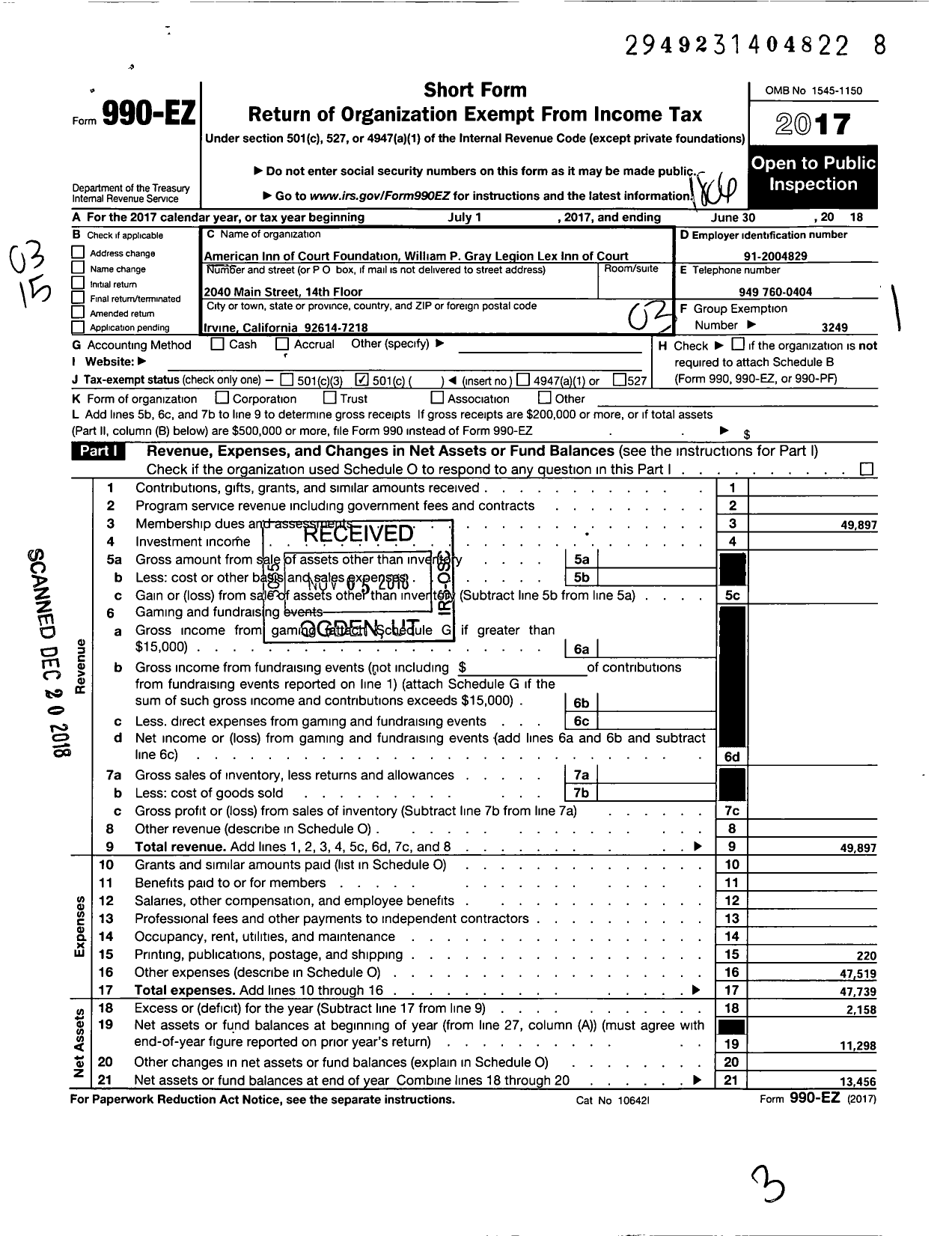 Image of first page of 2017 Form 990EZ for American Inns of Court Foundation - 30093 William P Gray Legion Lex