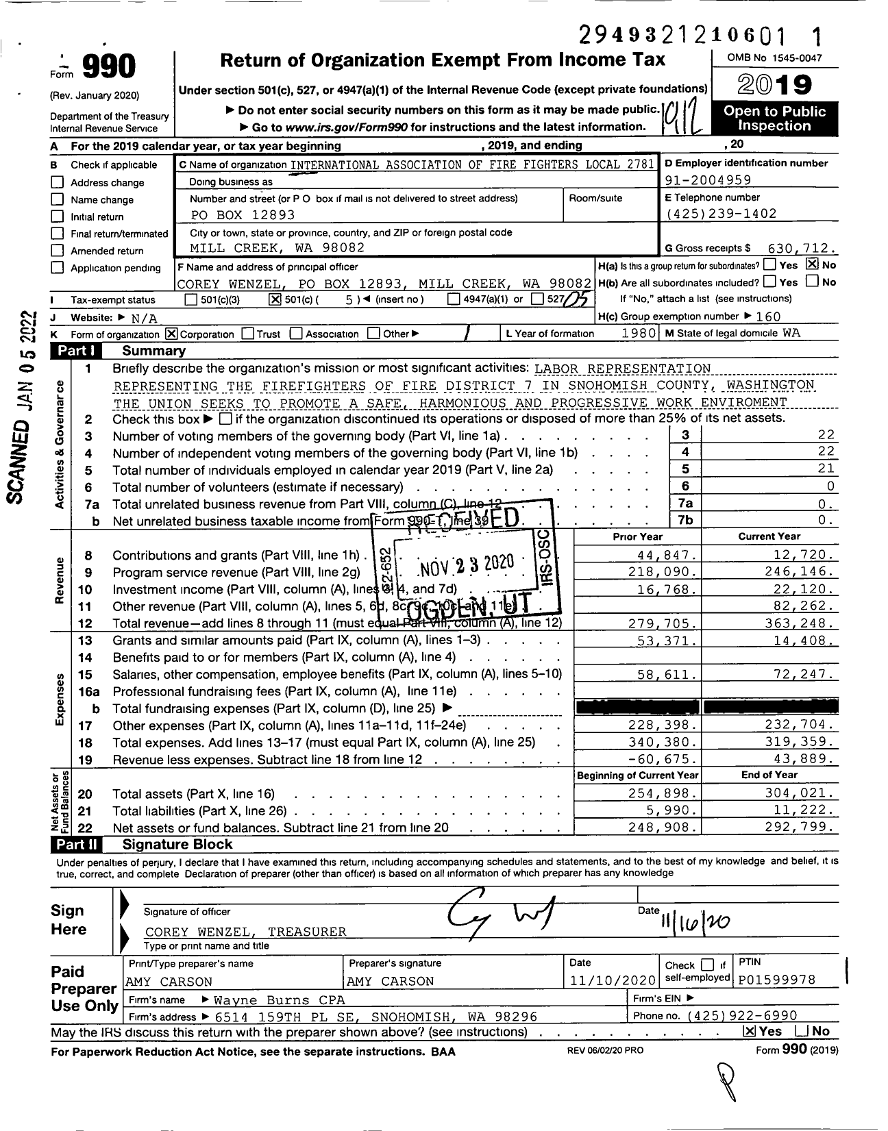 Image of first page of 2019 Form 990O for International Association of Fire Fighters - L2781 Union FF of Snohomish Co