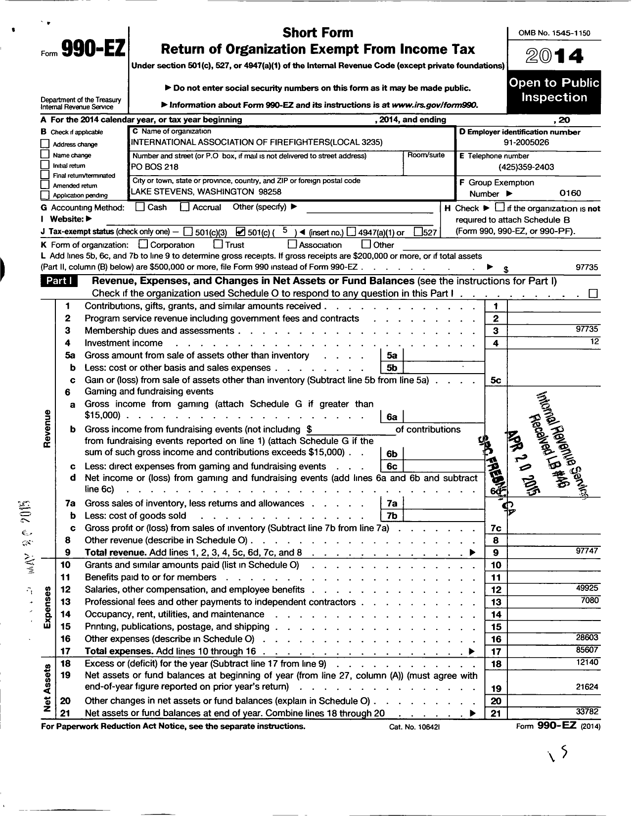 Image of first page of 2014 Form 990EO for International Association of Firefighters Local 3235