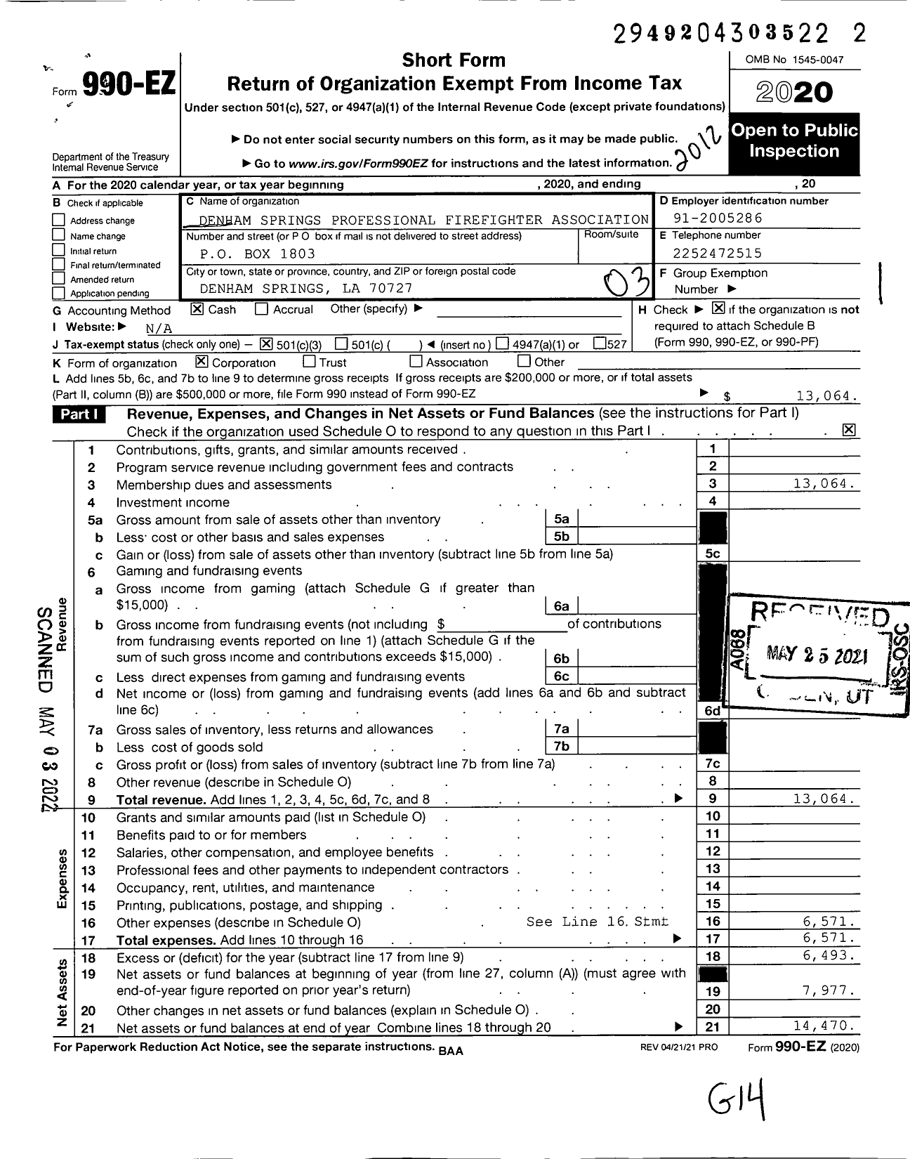 Image of first page of 2020 Form 990EZ for Denham Springs Professional Firefighter Association