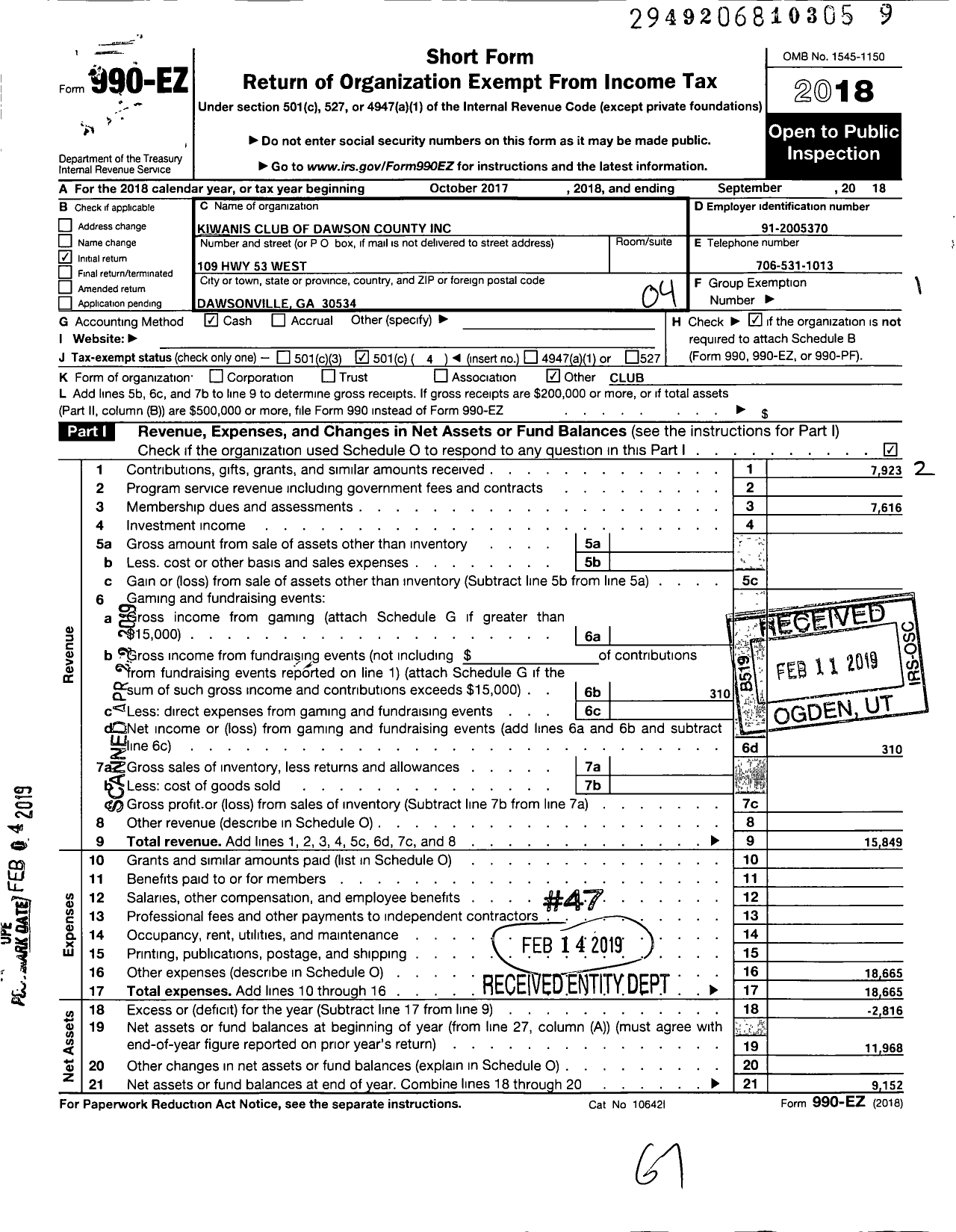 Image of first page of 2018 Form 990EO for Kiwanis Club of Dawson County