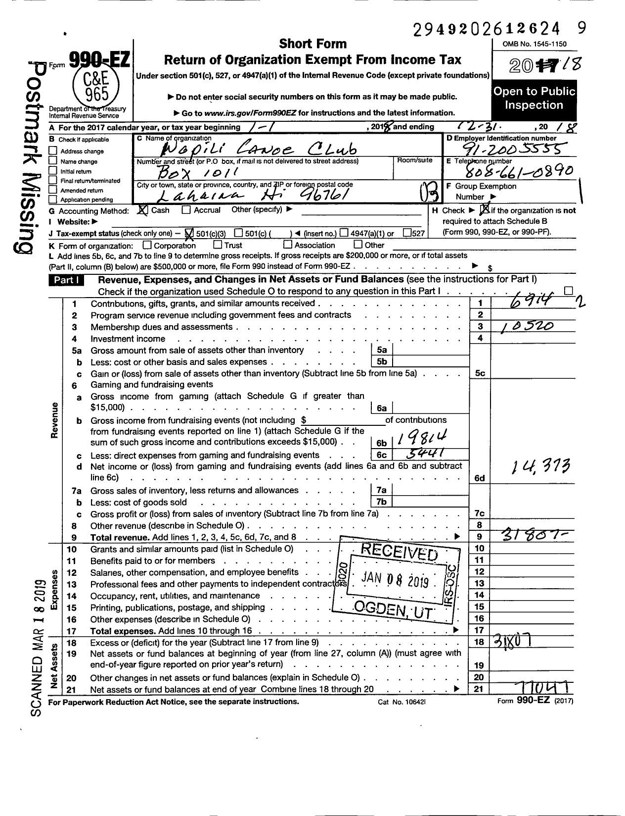 Image of first page of 2018 Form 990EZ for Napili Canoe Club