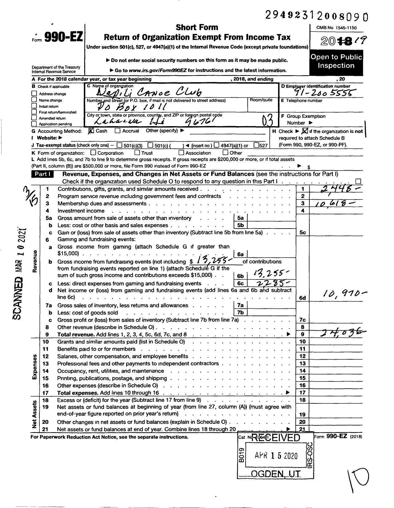 Image of first page of 2019 Form 990EZ for Napili Canoe Club