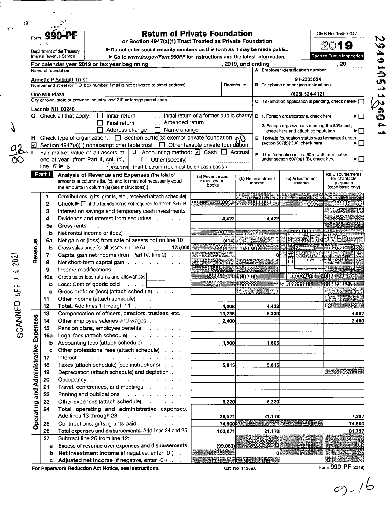 Image of first page of 2019 Form 990PF for Annette P Schmitt Trust