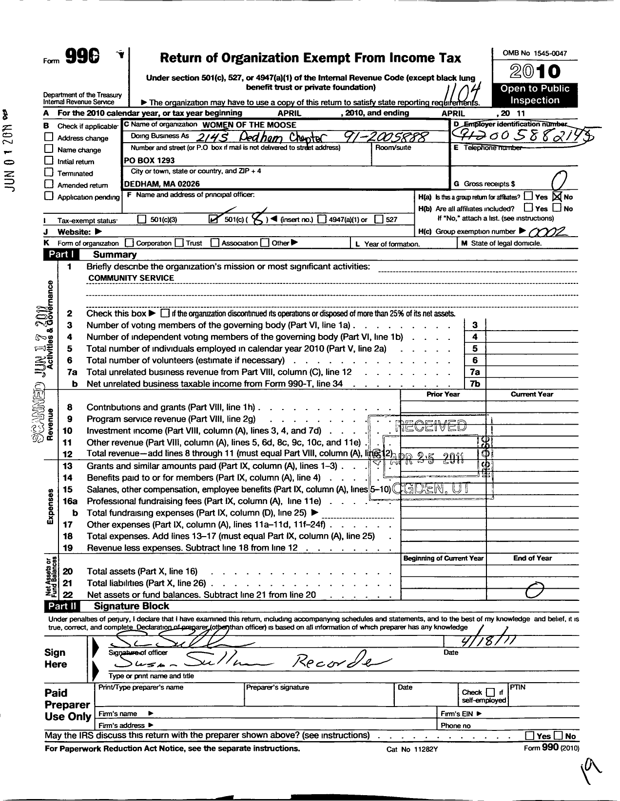 Image of first page of 2010 Form 990O for Loyal Order of Moose - 2145