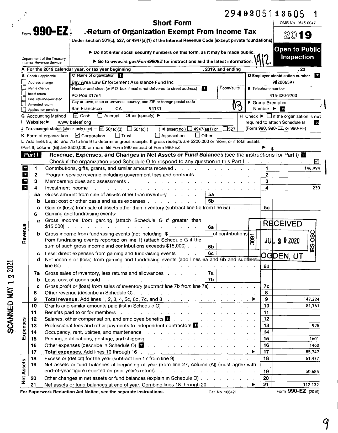 Image of first page of 2019 Form 990EZ for Bay Area Law Enforcement Assistance Fund