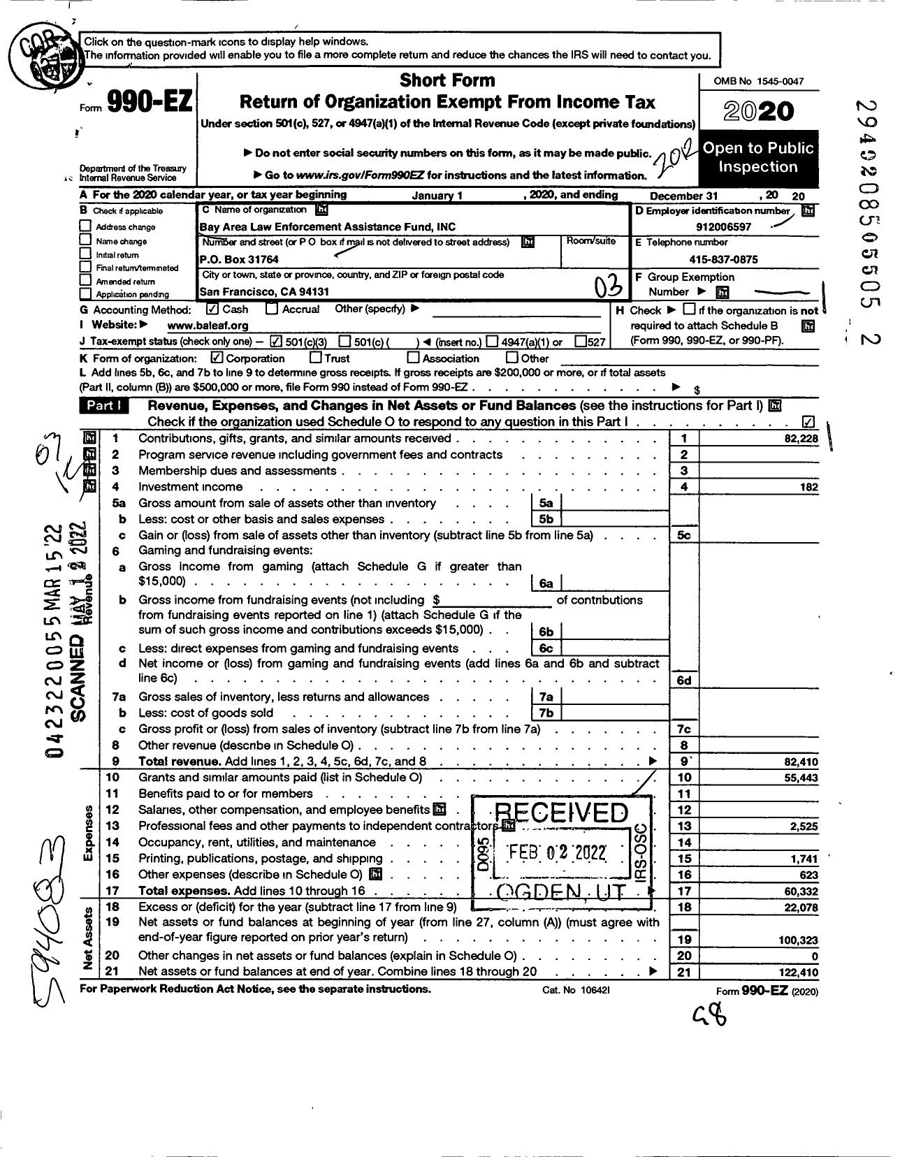 Image of first page of 2020 Form 990EZ for Bay Area Law Enforcement Assistance Fund