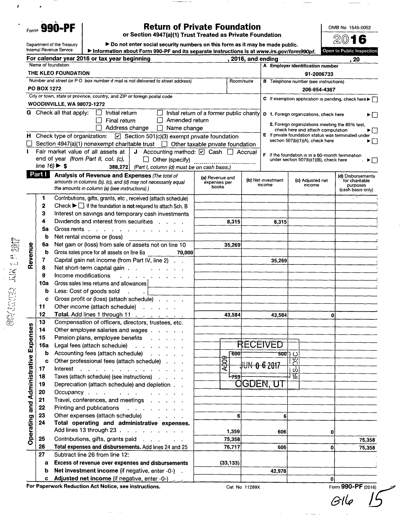 Image of first page of 2016 Form 990PF for The Kleo Foundation