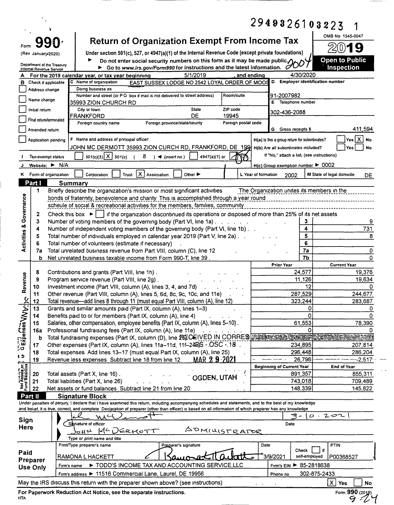 Image of first page of 2019 Form 990O for Loyal Order of Moose - 2542