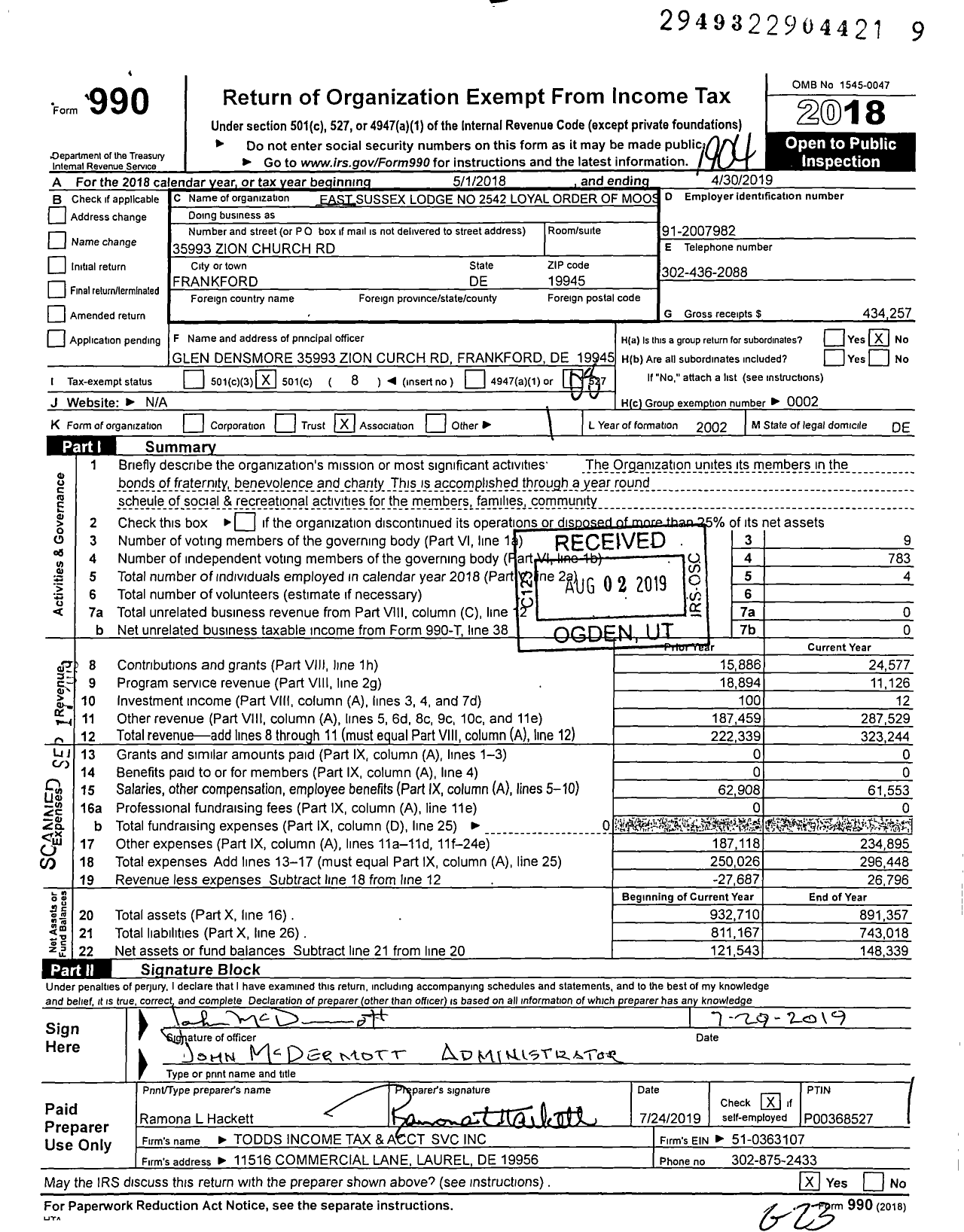 Image of first page of 2018 Form 990O for Loyal Order of Moose - 2542