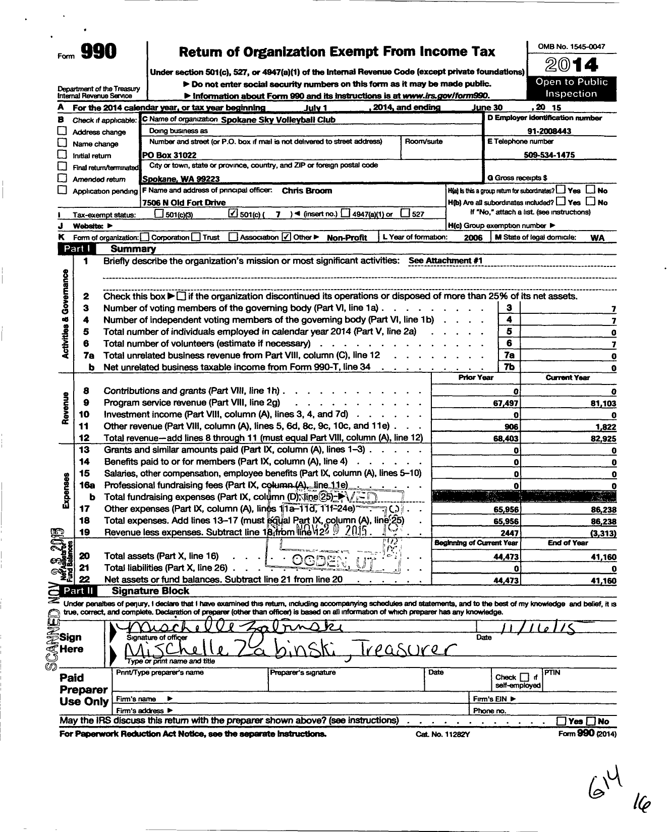 Image of first page of 2014 Form 990O for Spokane Sky Vollyeball Club